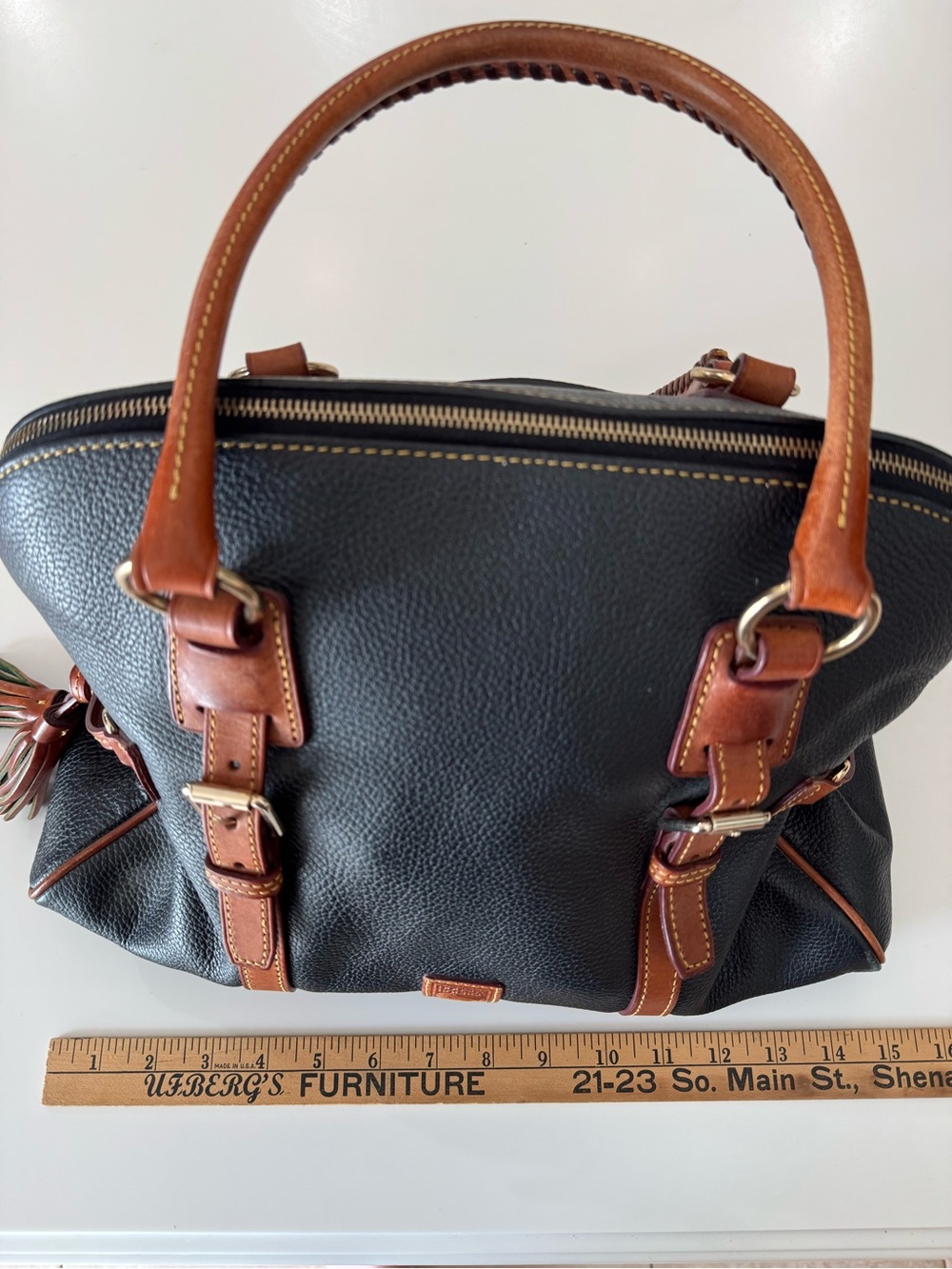 Dooney & Bourke Black Pebbled Leather Satchel with Brown Trim and Brass Hardware - Picture 9 of 11